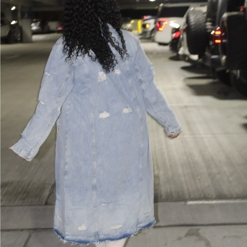 Light Blue Distressed Denim Longline Jacket